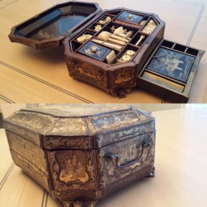 19th Century Hand Painted Lacquered Sewing Box with Carved Ivory Tools. Found At Estate Sale